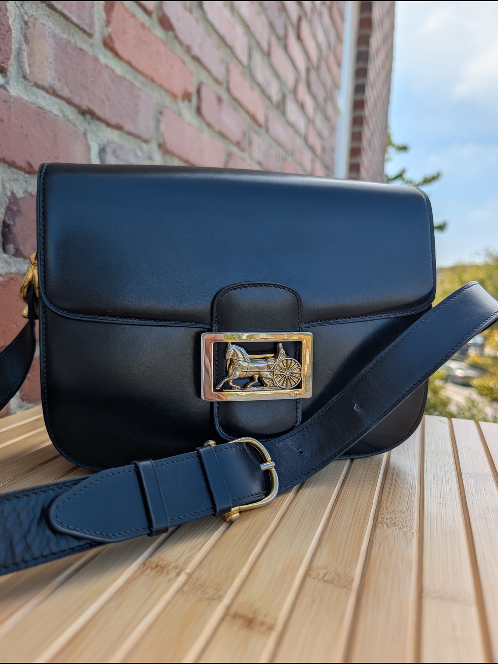Vintage Celine Black Leather Sulky Horse Carriage Box Flap Shoulder Bag